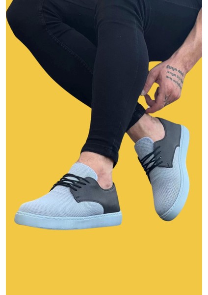 WG016 Bağcıklı Çift Malzeme Gri Triko Erkek Casual Ayakkabı