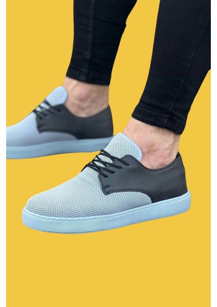 WG016 Bağcıklı Çift Malzeme Gri Triko Erkek Casual Ayakkabı