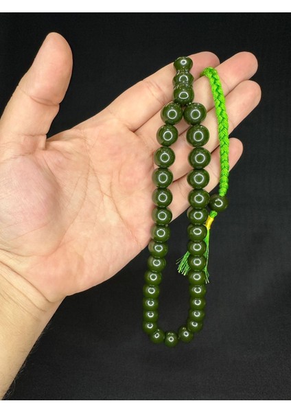 Sevgiliye Özel Hediye Sıkma Çubuk Kehribar Tesbih Koyu Yeşil Renk Küre Kesim 13 mm H-1600.