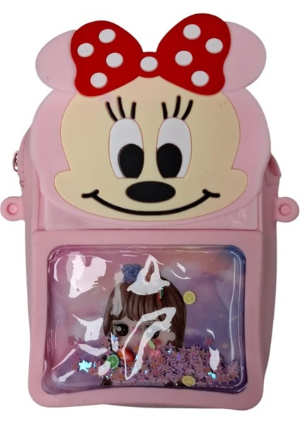 Kız Çocuk Pembe Renk Sevimli Amine Kız Baskılı Pullu Mini Mouse Figürlü Silikon Çanta Cüzdan
