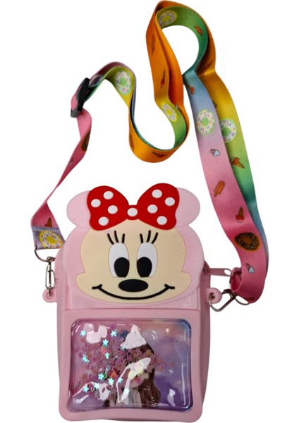 Kız Çocuk Pembe Renk Sevimli Amine Kız Baskılı Pullu Mini Mouse Figürlü Silikon Çanta Cüzdan