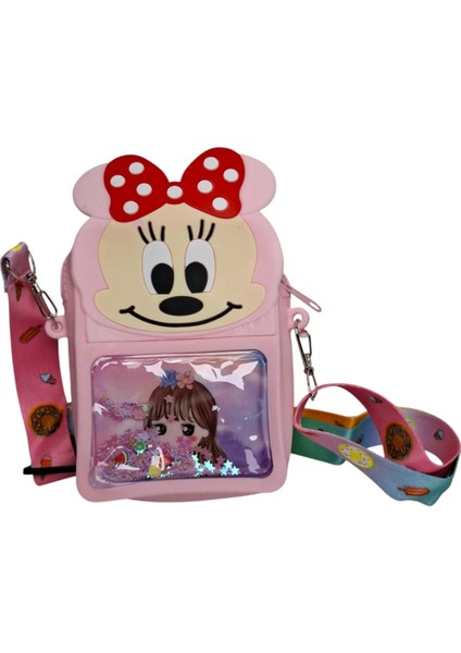 Kız Çocuk Pembe Renk Sevimli Amine Kız Baskılı Pullu Mini Mouse Figürlü Silikon Çanta Cüzdan