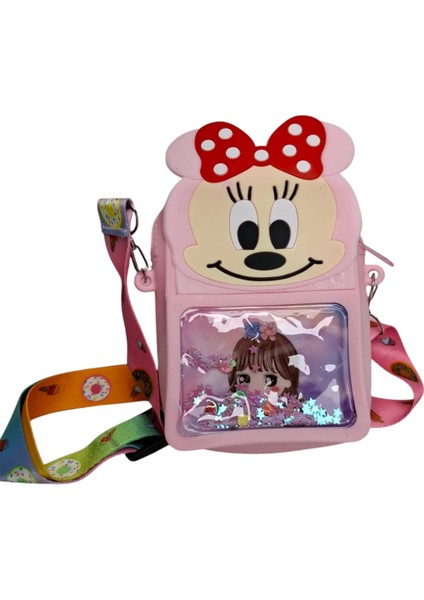 Kız Çocuk Pembe Renk Sevimli Amine Kız Baskılı Pullu Mini Mouse Figürlü Silikon Çanta Cüzdan