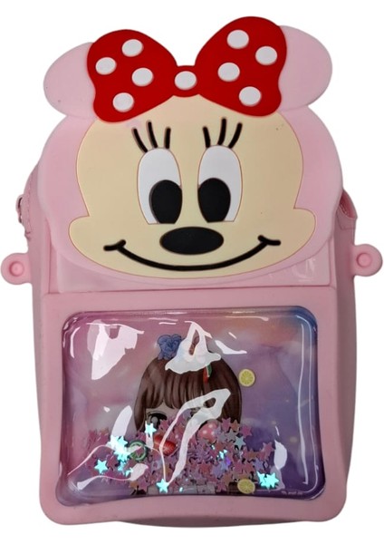 Kız Çocuk Pembe Renk Sevimli Amine Kız Baskılı Pullu Mini Mouse Figürlü Silikon Çanta Cüzdan
