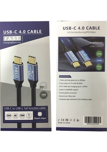 Type-C To Type-C Kablo 20GB 4K 100W Type-C Full Fonksiyon Kablo 2 Metre