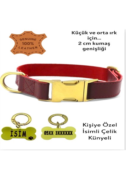 Hakiki Deri Köpek Boyun Tasması, Kişiye Özel Künyeli-Küçük Ve Orta Irk- 2cm