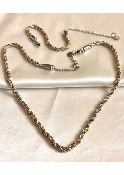 Çelik Burgu Arası Zincir Model Unisex Kolye Bileklik Set 3mm