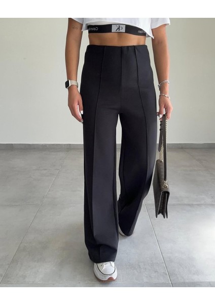 Kadın Siyah Önü Nervürlü Geniş Kalıp Bol Paça Kemersiz Palazzo Pantolon