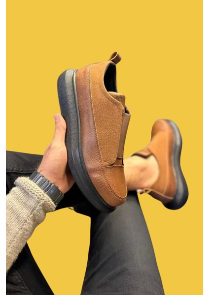 Bağcıksız Rahat Yüksek Taban Taba Erkek Sneakers Ayakkabı 911 (Siyah Taban)