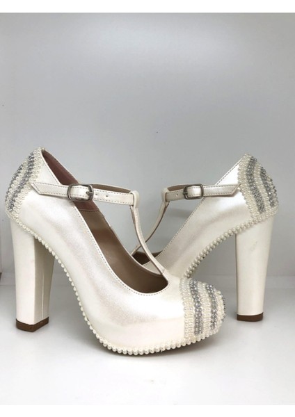 Gelinlik Ayakkabısı Beyaz Krem Taşlı Yüksek Topuk