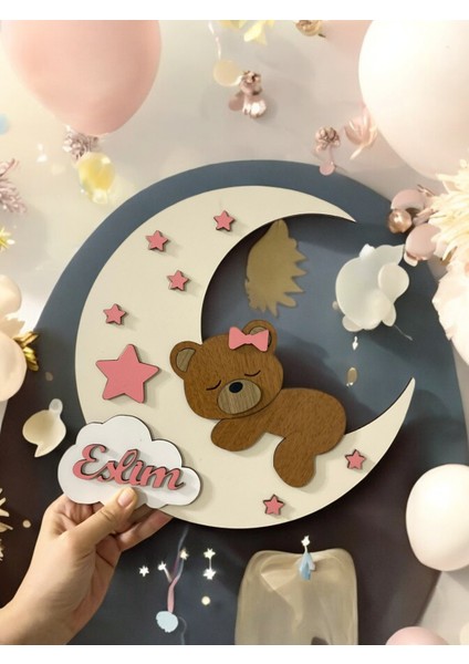 Uyuyan Ayı Teddy Bear Desenli Kişiye Özel Çocuk ve Bebek Odası Ahşap Kapı ve Duvar Süsü.