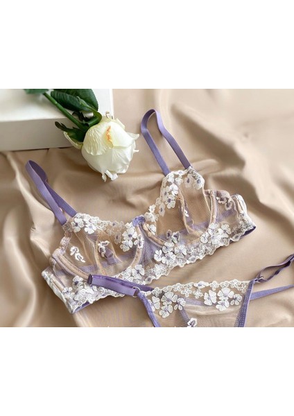Kadın Dantelli Brode Bralet Sütyen Tanga Iç Çamaşır Takımı