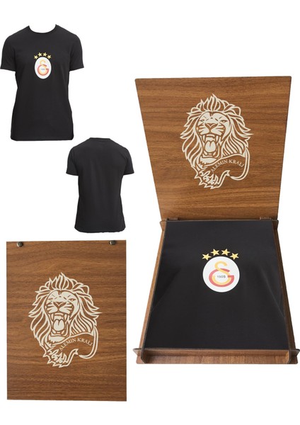 Lisanslı Logolu Siyah T-Shirt Aslan Ahşap Kutulu