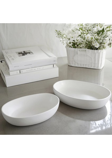 Iskandinav Tarzı Beyaz Beton 2'li Sukulent Tekne Kase Set - Modern ve Minimalist Dekor