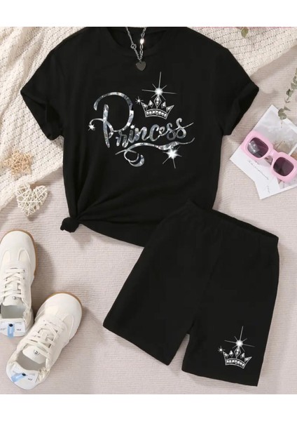 Punıx Kıds Özel Üretim Princess Baskılı Yeni Stil Kız Çocuk T-Shırt Şort Takım