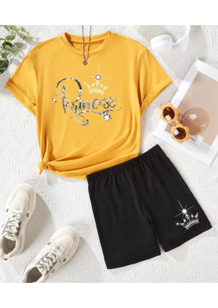 Punıx Kıds Özel Üretim Princess Baskılı Yeni Stil Kız Çocuk T-Shırt Şort Takım