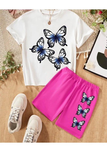 Punıx Kıds Özel Üretim Kelebek Baskılı Yeni Stil Kız Çocuk T-Shırt Şort Takım