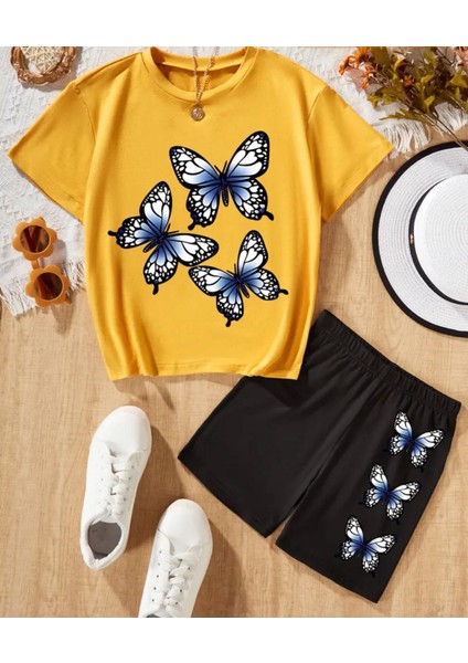 Punıx Kıds Özel Üretim Kelebek Baskılı Yeni Stil Kız Çocuk T-Shırt Şort Takım