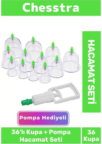 Premium Kupa Parmak Çekme Selülit Çatlk Giderici Vakumlu Masaj Aleti 36'lı Kupa + Pompa Hacamat Set