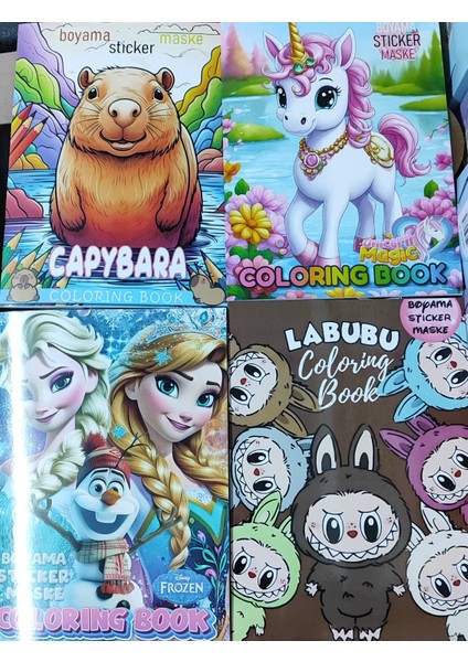 4 Adet Stickerli Boyama Kitabı (Frozen,labubu,capybara,unicorn Figürlü)