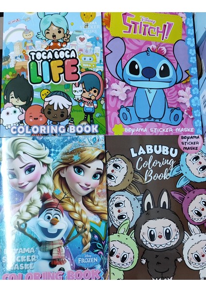 4 Adet Stickerli Boyama Kitabı (Frozen,labubu,stitch,toca Boca Figürlü)