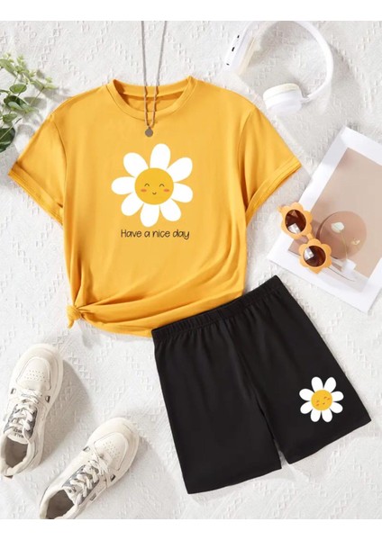 Punıx Kıds Özel Üretim Papatya Baskılı Yeni Stil Kız Çocuk T-Shırt Şort Takım