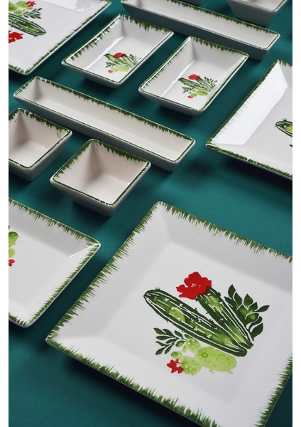 16 Parça 6 Kişilik Kaktüs Kahvaltı Takımı Handmade Kahvaltılık Sunum Seti Servis Tabakları