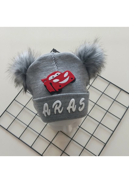 Erkek Bebek Çocuk Kişiye Özel Isimli Gri Çift Ponponlu Triko Bere fiyatları