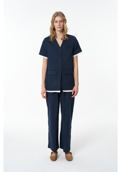 Garni Detaylı Düğmeli Kısa Kol Ceket Lacivert fiyatları