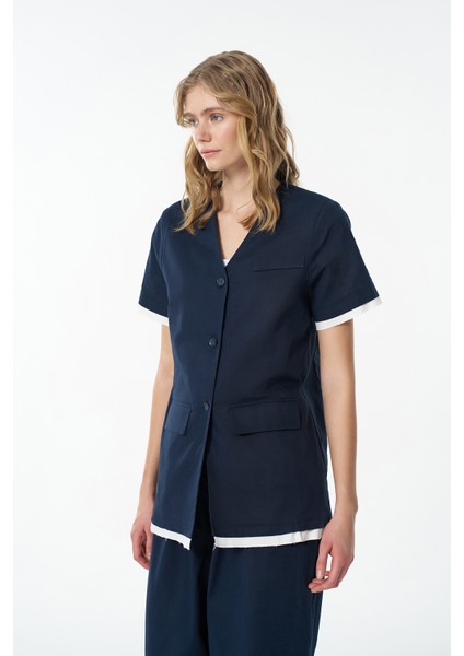 Garni Detaylı Düğmeli Kısa Kol Ceket Lacivert modelleri