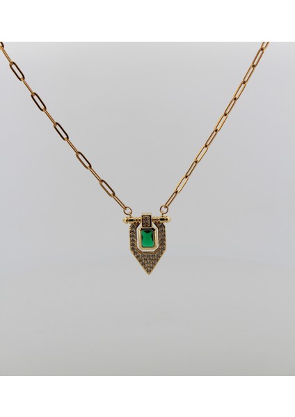 Serenay Model Yeşil Taşlı Gold Çelik Kolye