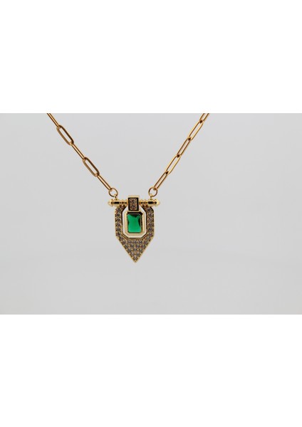 Serenay Model Yeşil Taşlı Gold Çelik Kolye fiyatları