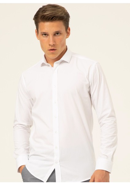 Slim Fit Klasik Yaka Armürlü Beyaz Erkek Gömlek GM2024700341