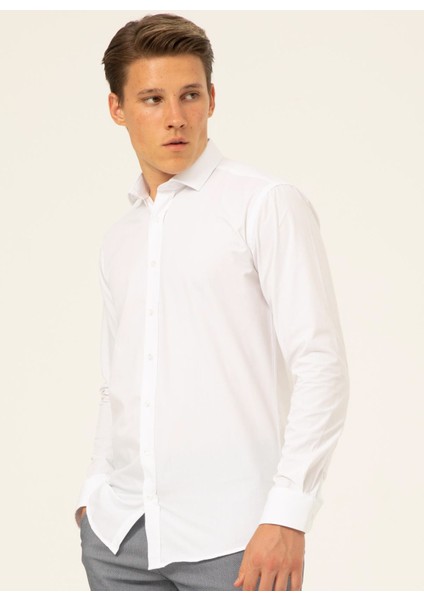 Slim Fit Klasik Yaka Armürlü Beyaz Erkek Gömlek GM2024700341 fiyatları