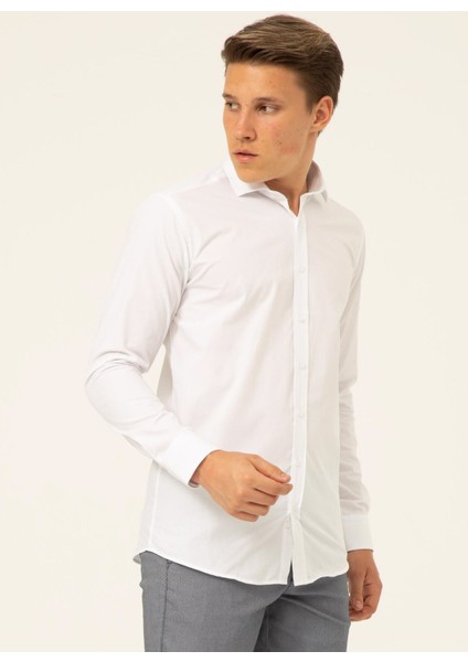 Slim Fit Klasik Yaka Armürlü Beyaz Erkek Gömlek GM2024700341 modelleri