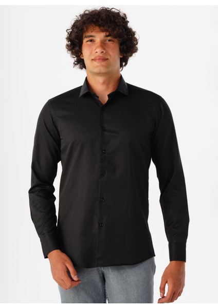 Slim Fit Klasik Yaka Armürlü Siyah Erkek Gömlek GM2024700413
