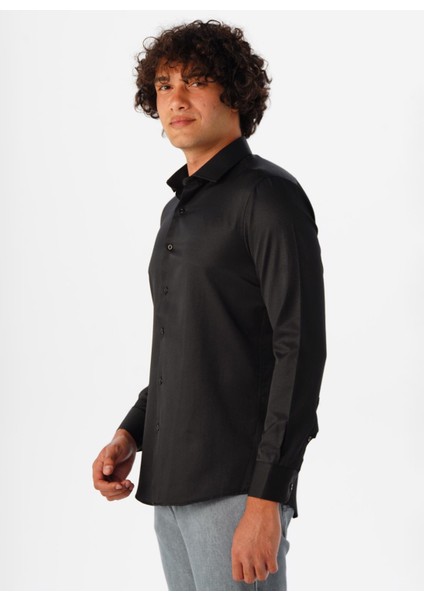 Slim Fit Klasik Yaka Armürlü Siyah Erkek Gömlek GM2024700413