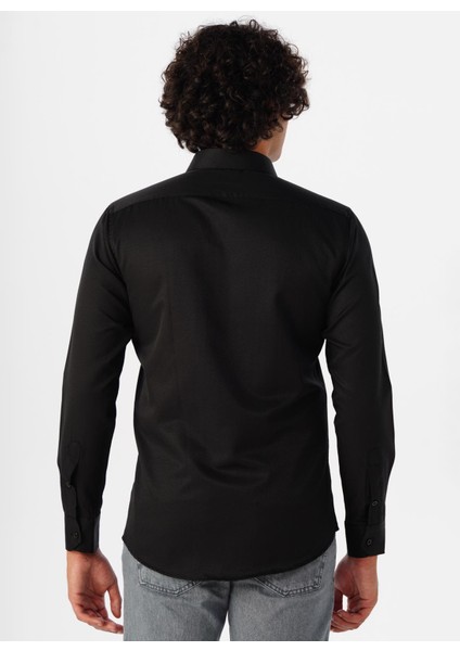 Slim Fit Klasik Yaka Armürlü Siyah Erkek Gömlek GM2024700413