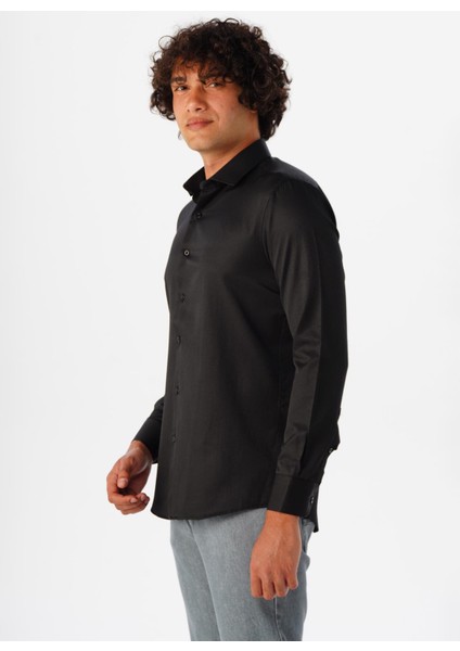 Slim Fit Klasik Yaka Armürlü Siyah Erkek Gömlek GM2024700413