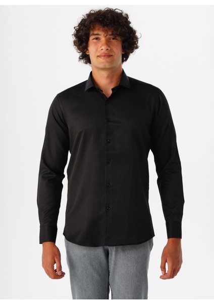 Slim Fit Klasik Yaka Armürlü Siyah Erkek Gömlek GM2024700413
