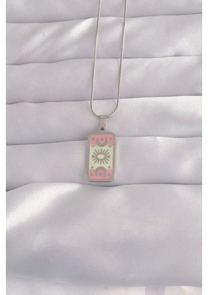 316L Çelik Gümüş Renk Pembe Mineli Ay Figür Tarot Kolye