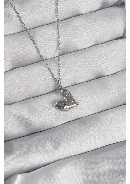 316L Çelik Zincir Gümüş Renk Renkli Zirkon Taşlı Kalp Kolye