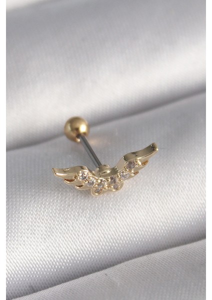 316L Çelik Gümüş Renk Zirkon Taş Detay Kanat Model Tragus Piercing