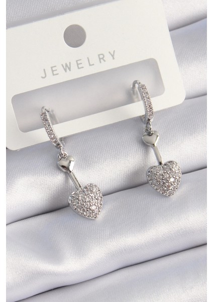 Pirinç Gümüş Renk Zirkon Taşlı Sallantı Pembe Zirkon Kalp Model Kadın Küpe