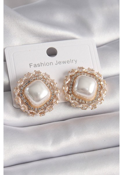 Pirinç Gold Renk Kare Inci Zirkon Taşlı Su Yolu Model Kadın Küpe