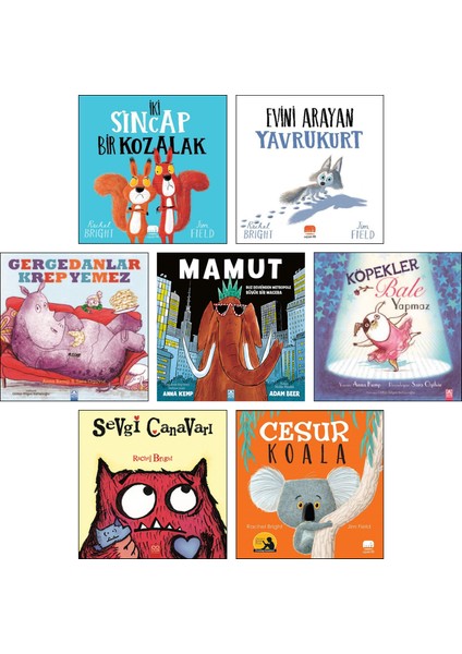 İki Sincap Bir Kozalak (Rachel Bright) + Evini Arayan Yavru Kurt + Köpekler Bale Yapmaz + Gergedanlar Krep Yemez + Mamut (Anna Kemp) + Sevgi Canavarı + Cesur Koala / 7 Kitap Set