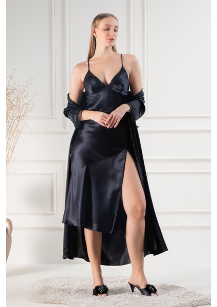 Kadın Güpür Dantel ve Sırt Detaylı Uzun Saten Çeyizlik Ikili Gecelik Sabahlık Takımı