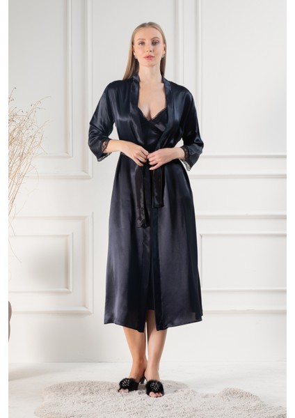 Kadın Güpür Dantel ve Sırt Detaylı Uzun Saten Çeyizlik Ikili Gecelik Sabahlık Takımı fiyatları