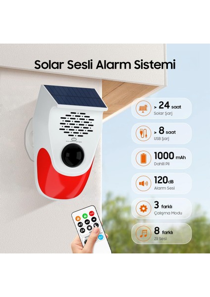Kumandalı Solar Sesli Işıklı 120DB Alarm Sistemi