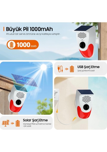 Kumandalı Solar Sesli Işıklı 120DB Alarm Sistemi